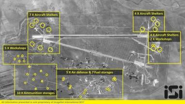 The Syrian Shayrat airfield base is pictured in undated before and after (taken April 7, 2017) satellite imagery, in Homs Syria. ImageSat International N.V. © 2017/Handout via REUTERS